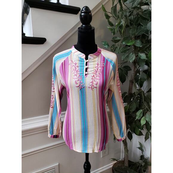 Reba Blouse Top Women S Multicolor Striped Cotton Embroidered Boho Festival - Picture 11 of 11